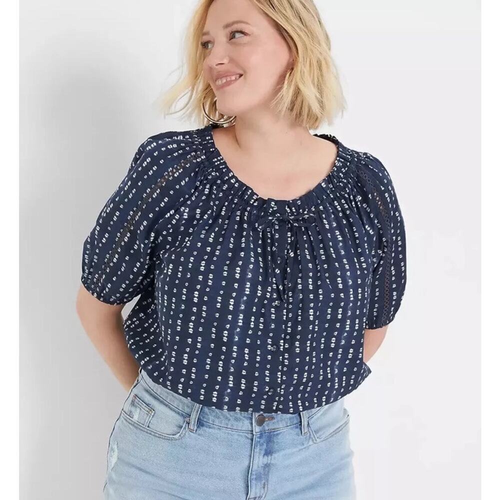 Lane Bryant Women’s Sz 14/16 Navy‎ Batik Short Sleeve Button-Down Crop Top NWT